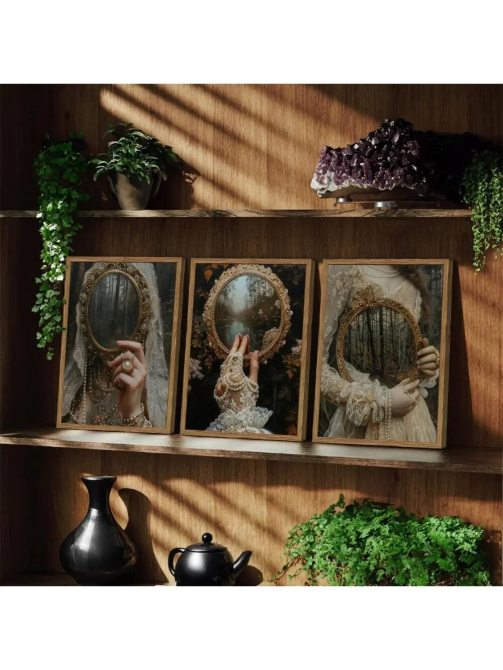 Gothic Dark Academia Wall Art Set of 3 - Vintage Witch Mirror Decor, Moody